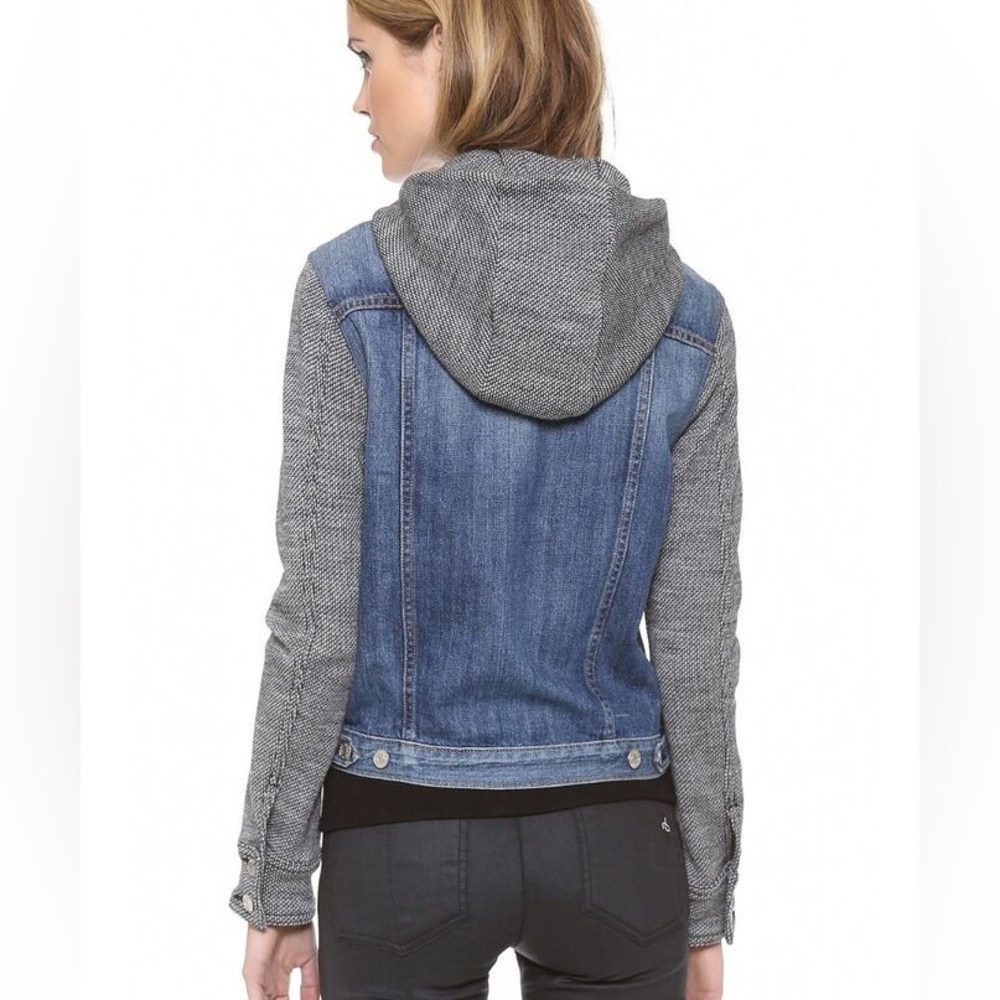 Rag & Bone Denim Jacket with Wool Herringbone Sleeves and Hood, S